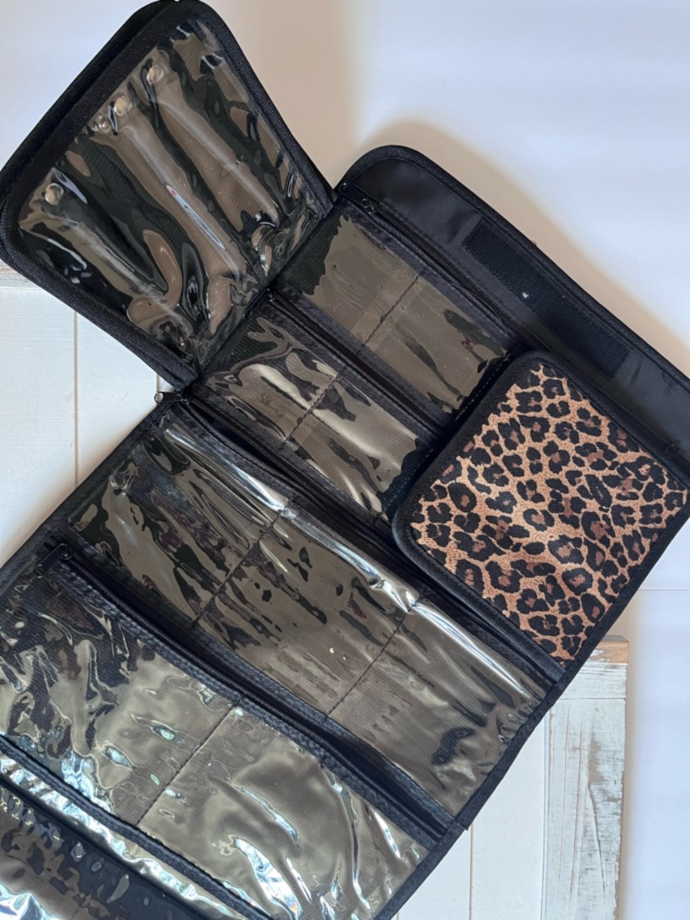 Leopard Print Travel Cosmetic Organizer and or Jewelry Organizer - Clear Pockets